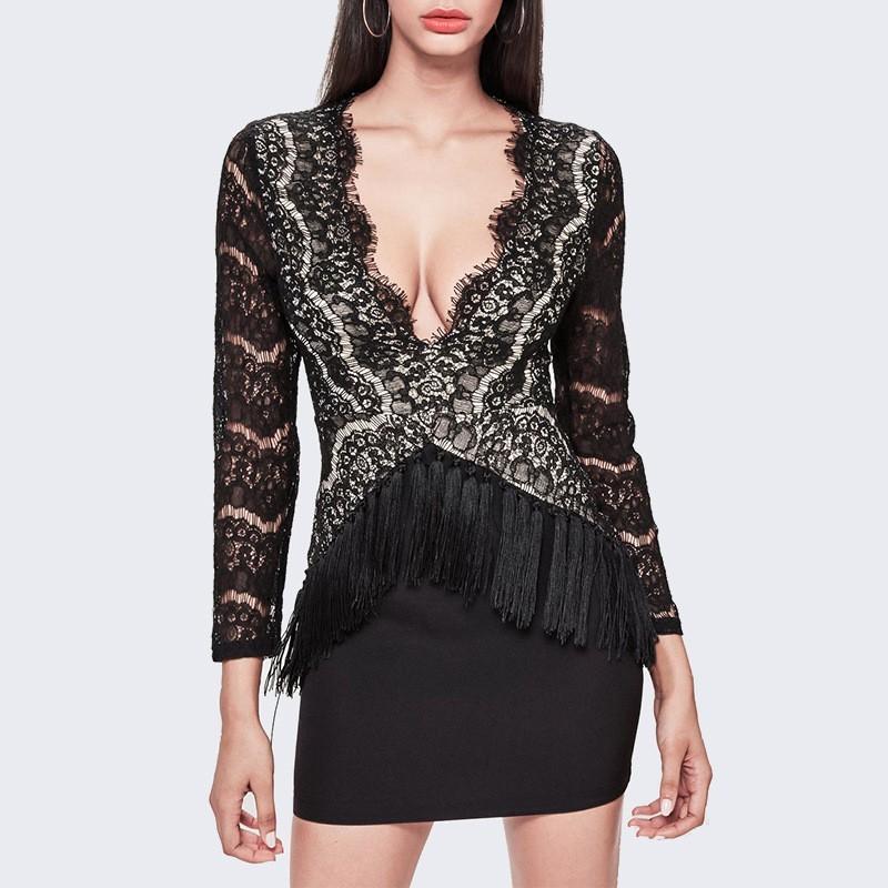 زفاف - Sexy Fringe V-neck Trail Dress Lace Dress - Bonny YZOZO Boutique Store
