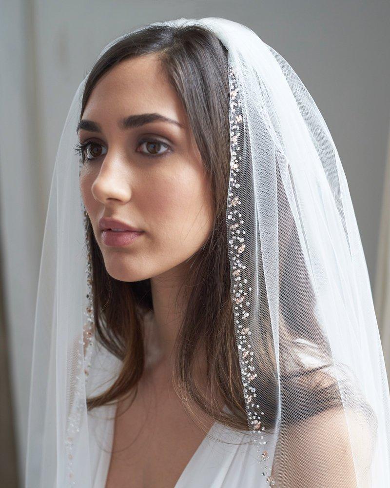 زفاف - Rose Gold Beaded Edge Wedding Veil, Blush Beaded Bridal Veil, Beaded Veil, Ivory Veil, Tulle Veil, Fingertip Veil, Bridal Accessory ~VB-5088