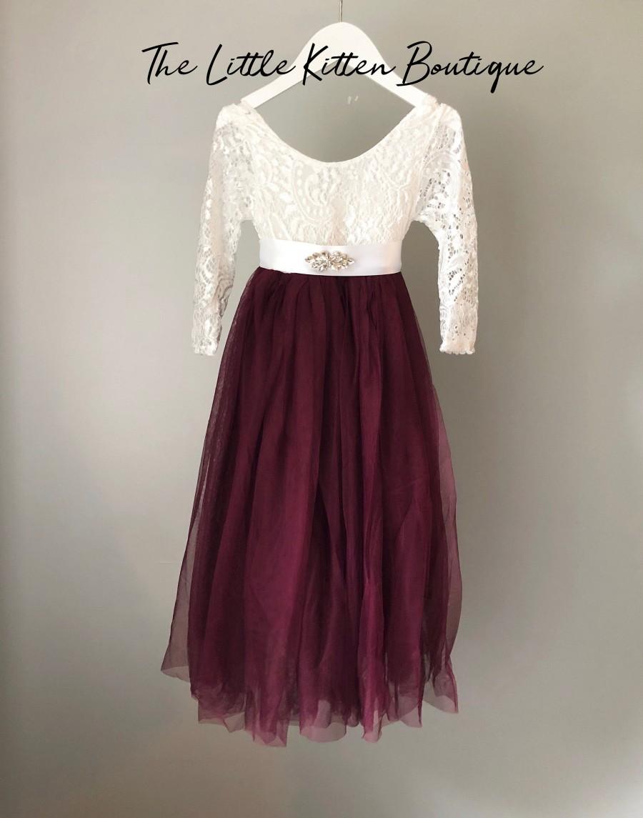 Mariage - Long sleeve lace and tulle flower girl dress, white lace rustic wedding dress, burgundy girls Christmas dresses, winter flower girl dress