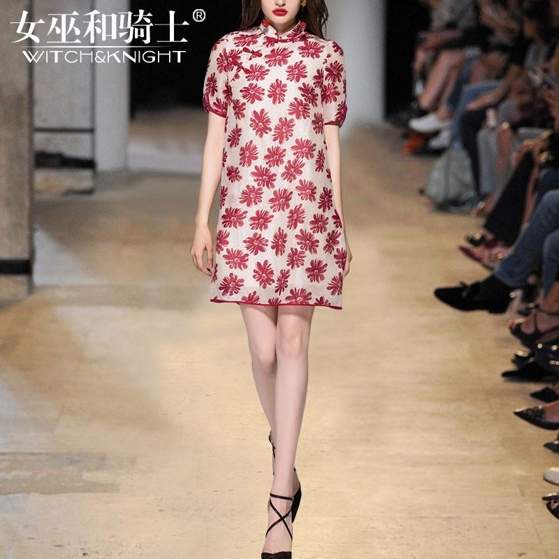 زفاف - Attractive A-line Mid Rise Cheongsam Dress Mulberry Silk Silk Linen Summer Short Sleeves Dress - Bonny YZOZO Boutique Store