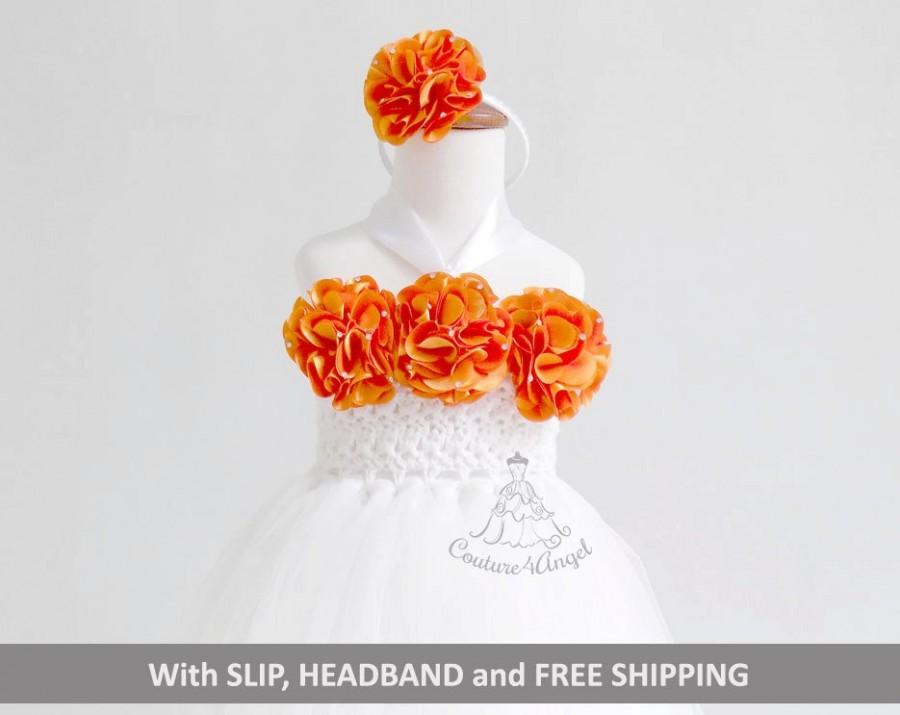 زفاف - White tulle dress orange flower , flower girl dress princess party dress , birthday dress , tulle dress , tutu dress children wedding dress
