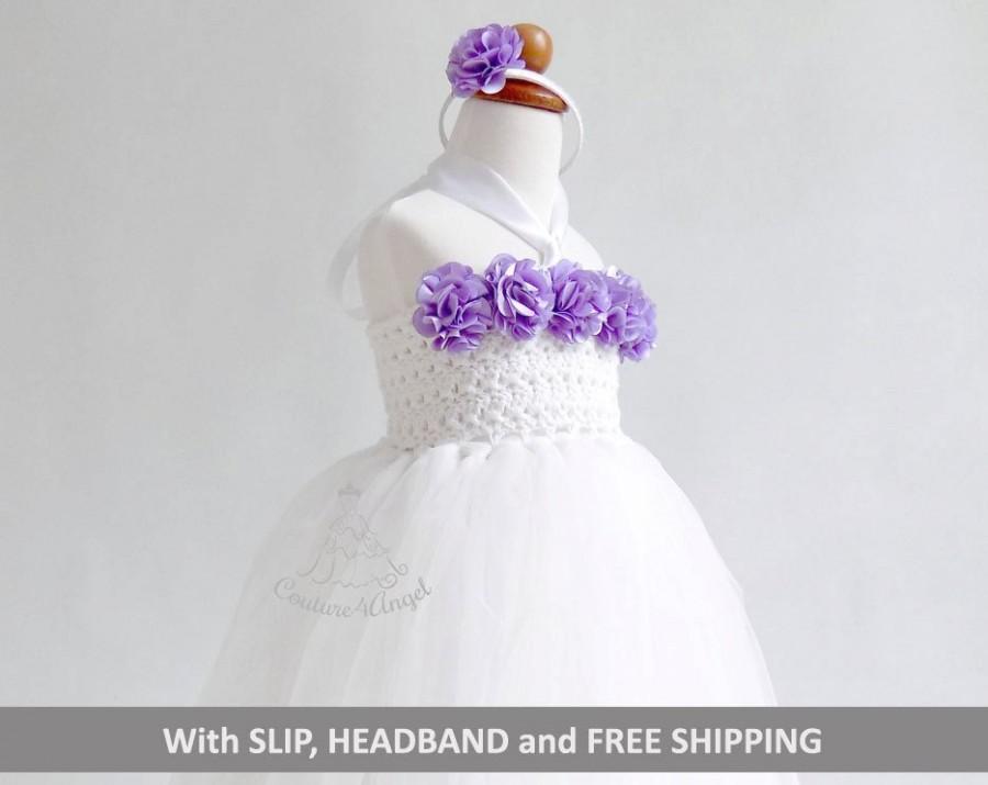 Mariage - White tutu dress , purple flower girl dress , gift for girl , wedding girl , birthday party dress , tulle dress , size 2T 3T 4T 5 6 7 8 9 10