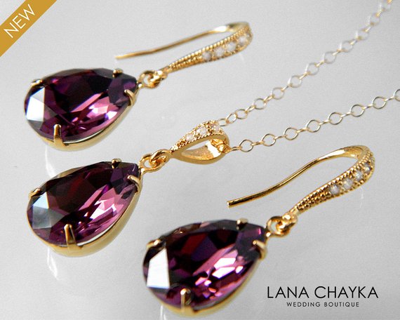 Свадьба - Amethyst Gold Jewelry Set Purple Crystal Earrings&Necklace Set Swarovski Amethyst Rhinestone Jewelry Set Wedding Bridal Bridesmaids Jewelry