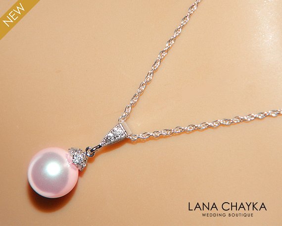 Hochzeit - Pink Pearl Bridal Necklace, Swarovski 10mm Rosaline Pearl Sterling Silver Wedding Necklace, Blush Pink Pearl Necklace, Bridesmaid Jewelry