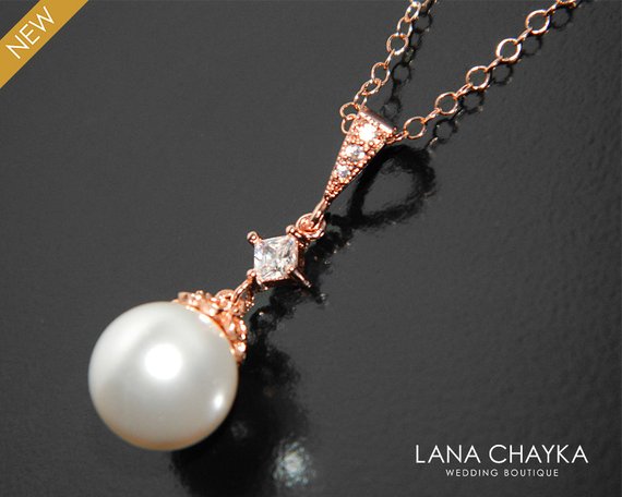 Свадьба - White Pearl Rose Gold Necklace, Swarovski Pearl Bridal Necklace, Wedding Pearl Pink Gold Necklace, Pearl Drop Necklace, Bridesmaids Jewelry