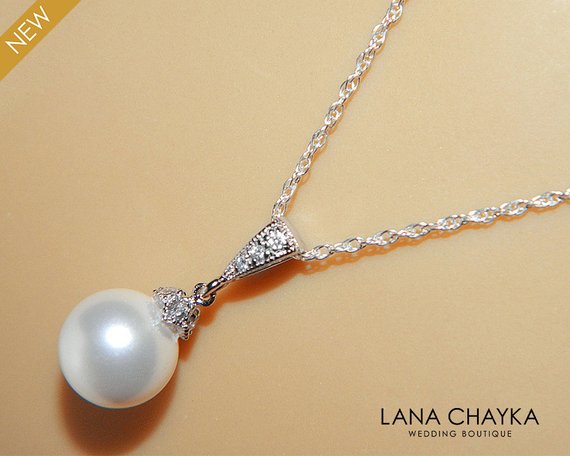 Mariage - White Drop Pearl Necklace Sterling Silver CZ Pearl Bridal Necklace Swarovski 10mm Pearl Single Pearl Wedding Necklace Bridal Pearl Jewelry