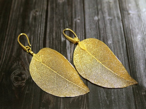 Wedding - Gold Real Leaf Earrings Unique Dangle Statement Earrings Dipped Leaves Real Aspen Leaf Earrings Gift For Her Bridal Gift Bridesmaid Gift