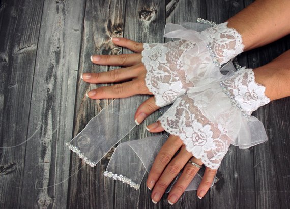Wedding - White lace wedding bridal cuff, strechy lace gloves, long ribbon gloves, beaded bridal wristlet glovelet, dance costume, white wrist cuffs