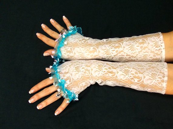 Mariage - Long white lace wedding gloves, something blue, free shipping, french lace gloves, women's gown, lace fingerless gloves, bridal gloves
