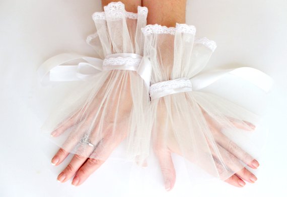Hochzeit - White tulle wedding bridal cuff, bridal fingerless gloves, victorian lace cuff bracelet, bridal wristlet glovelet, dance costume accessories