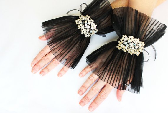 Hochzeit - Black Ruffled Cuffs, Gothic Gloves, Wrist Cuff, Embroidery Gloves, Detachable glitter cuff, Gift her, Unique Christmas Gifts, Ready to ship
