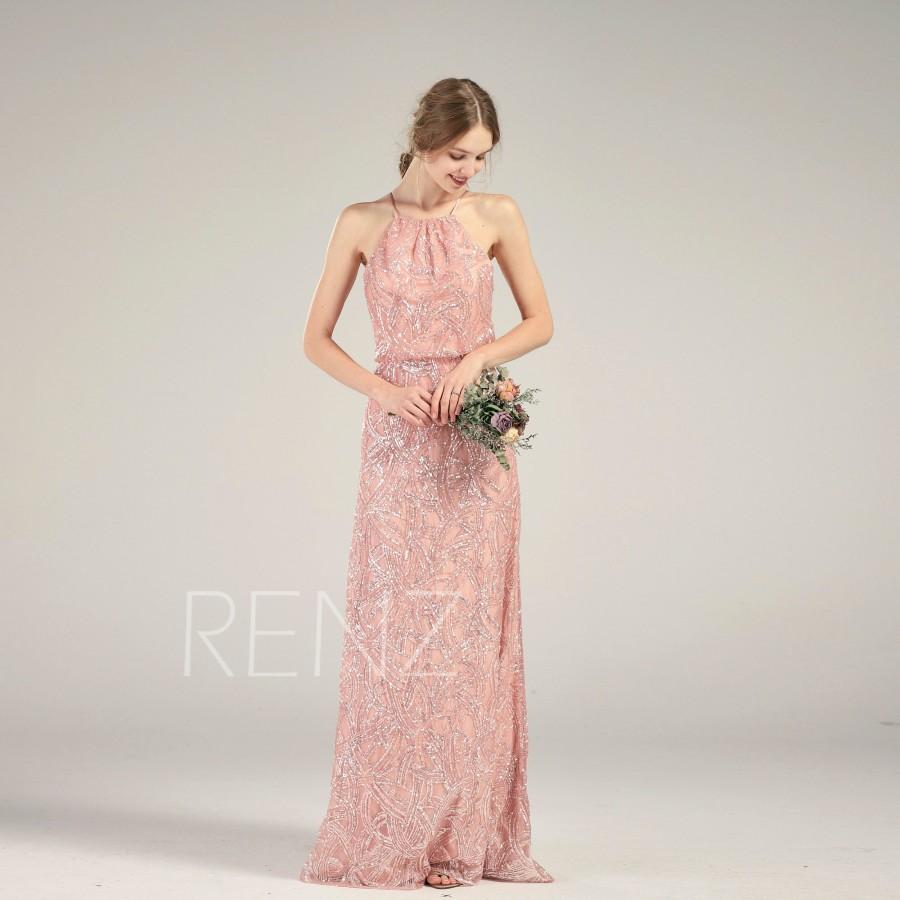 زفاف - Party Dress Dusty Rose Sequin Prom Dress Spaghetti Strap Bridesmaid Dress Sleeveless Fitted A-Line Maxi Dress Open Back Wedding Dress(HQ677)