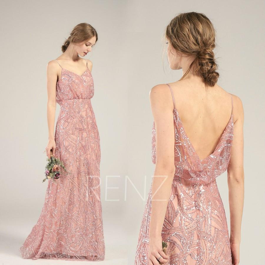 Mariage - Party Dress Dusty Rose Sequin Bridesmaid Dress V Neck Wedding Dress Spaghetti Strap Fitted Illusion Cowl Back Empire Waist Maxi Dress(HQ675)