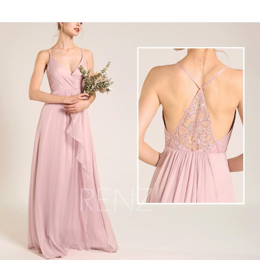 Mariage - Prom Dress Dusty Pink Party Dress,Wedding Dress,Spaghetti Strap Maxi Dress,Illusion Lace Back Bridesmaid Dress,Ruffled Chiffon Dress(H590B)