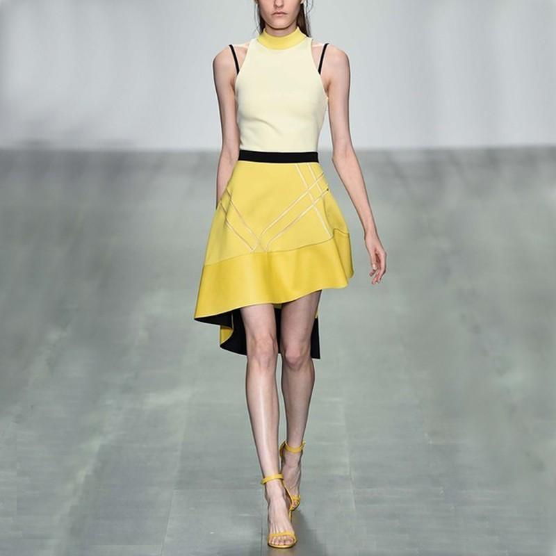 زفاف - New 2017 summer show collar contrast stitching asymmetric front short back long dress skirt - Bonny YZOZO Boutique Store