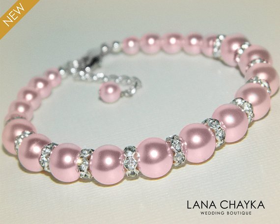 Hochzeit - Pink Pearl Bridal Bracelet Swarovski Rosaline Pearl Silver Bracelet Blush Pink Wedding Bracelet Bridesmaid Pink Jewelry Bridal Jewelry