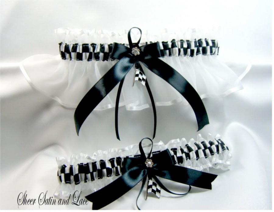 Hochzeit - CHECKERED FLAG racing wedding garters white garter #2520843