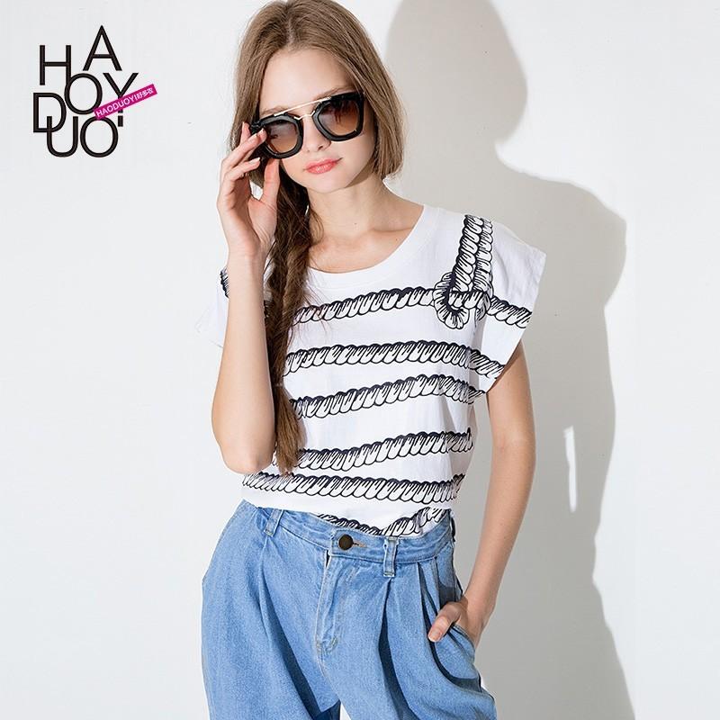 Mariage - Sweet Navy rope print short sleeve t-shirt fashion loose leisure white woman - Bonny YZOZO Boutique Store