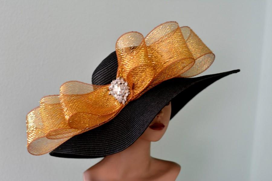 Свадьба - Black Gold Wedding Hat Head Piece Kentucky Derby Hat Black Bridal Coctail Hat Couture Fascinator  Bridal Hat
