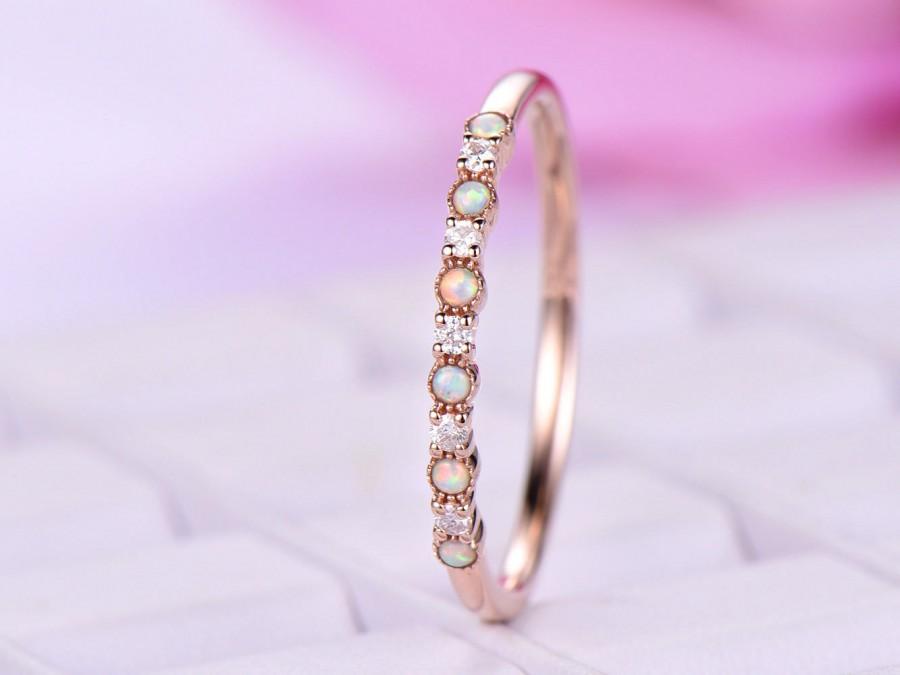 Mariage - Dainty Opal & Diamond matching band/14k rose gold/Bridal wedding ring/Delicate Band/Stackable anniversay ring/Pave set/Bridal wedding band