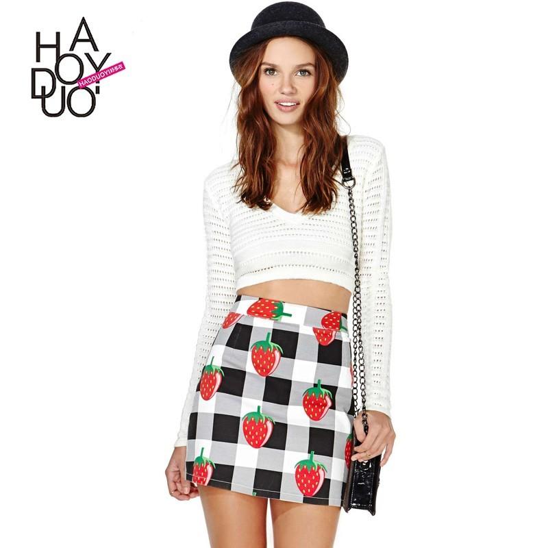 زفاف - Cute style of Strawberry, white and grey Plaid print stretch slim back zip skirt - Bonny YZOZO Boutique Store