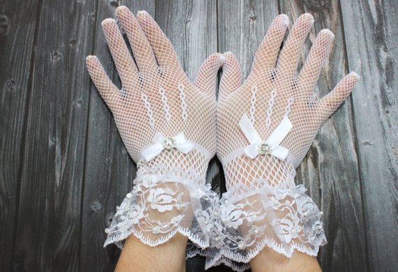 Mariage - Embroidered fish net white wedding gloves, fish net gloves, bridal mittens, Audrey Hepburn style gloves, vintage bride, victorian grace