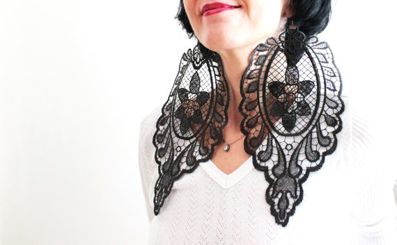 Mariage - Oversized Lace Earrings Unique Gifts Handmade Black Lace Earrings Boho Gothic Steampunk Earring Statement Earrings Mom Gift For Her