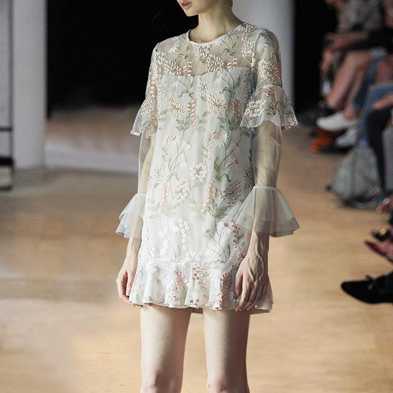 Mariage - Vogue Fresh Seen Through Embroidery A-line 9/10 Sleeves Spring Frilled Dress - Bonny YZOZO Boutique Store