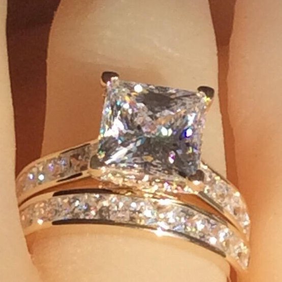 Hochzeit - Unique Engagement Ring, 2pcs Bridal Set, Art Deco, Simulated Diamond Engagement Ring, Real 9K Gold YG, Princess Cut Engagement Wedding Ring