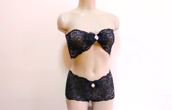 زفاف - Black lace lingerie set, lace underwear set, black to grey, nite nite, rhinestone underwear, lace top, strapless, bow bra, fetish clothing