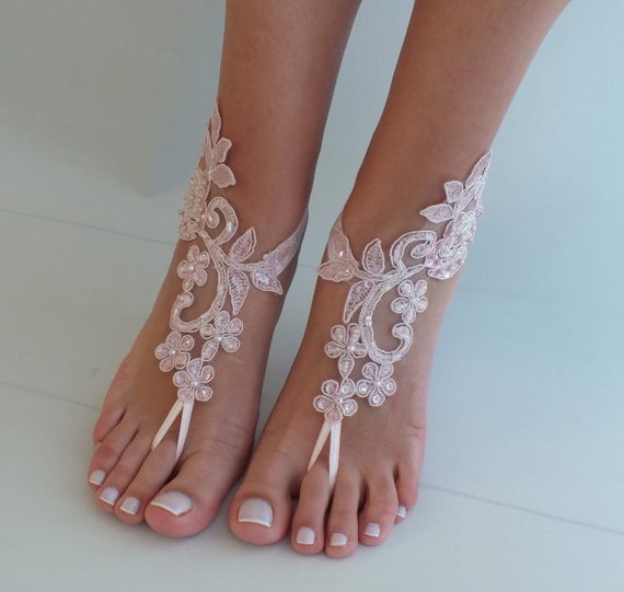 Mariage - Blush Pink Lace Sandal Beach Wedding Barefoot Sandals Bridesmaids Gift Bridal Jewelry Wedding Shoes Bangle Bridal Accessories Anklet