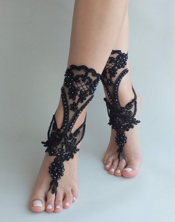 Mariage - Beach wedding gothic barefoot sandal black lace wedding party steampunk burlesque bangle beach anklets bridal accessory goth wampire