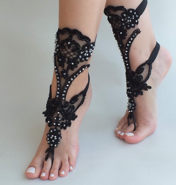 Mariage - Beach wedding gothic barefoot sandal silver black lace wedding party steampunk burlesque bangle beach anklets bridal accessory goth wampire