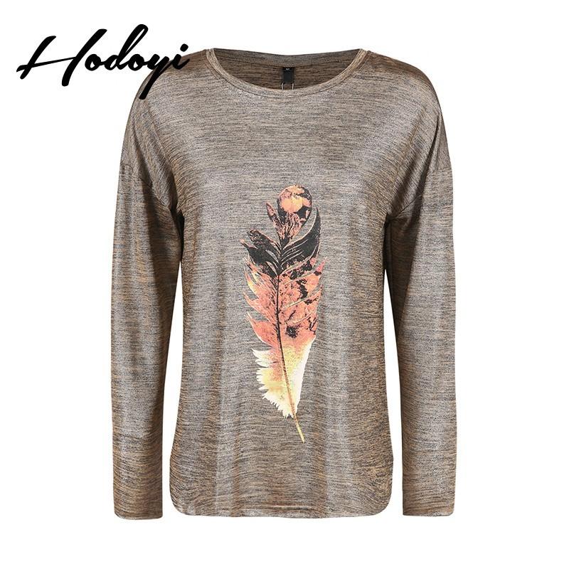 Wedding - Oversized Vogue Sexy Vintage Printed Feather Scoop Neck Fall 9/10 Sleeves T-shirt - Bonny YZOZO Boutique Store