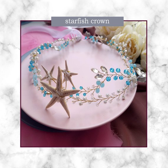 Hochzeit - Starfish Crown Blue Beach Bridal Hairpiece Mermaid wedding crown Couronne sirene Ocean crowns Haaraccessoires zeester quinceañera cake toppe