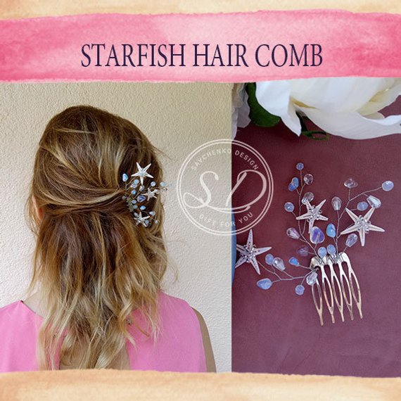 Свадьба - Seashell crown Starfish hair clip aqua blue starfish headpiece starfish hair comb moonstone hair clip rainbow moonstone Remedios Starfish