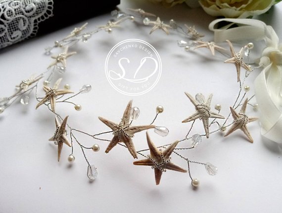 زفاف - Beach wedding hair accessories Mermaid Headband Starfish headpiece Nautical Wedding Beaded Tiara with Starfish Seashell crown Beach Bridal
