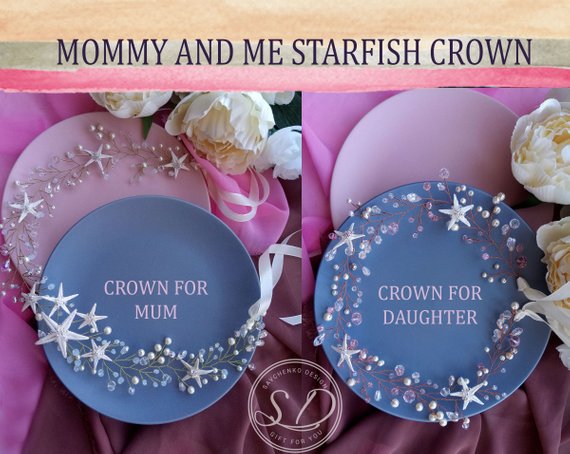 Свадьба - Mommy and Me crown Starfish crown Mermaid tiara gold Rose gold head crown Mommy and me headband Moonstone Headband Mom and daugther