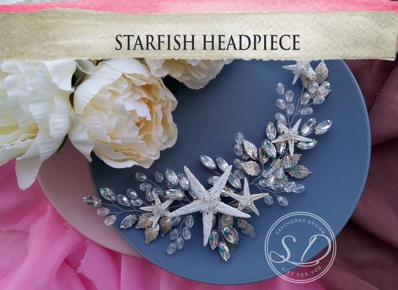 Свадьба - Beach headband Nautical Wedding Headpiece Bridal Starfish Hair Vine beach rose gold hair clip Bride Silver Hair Piece Shell crown mermaid