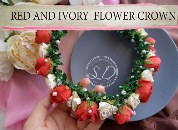 Свадьба - Floral hair accessories Burgundy headpiece Deep red flower crown Red Holiday Garland Headband Fashion Bridesmaid Hair Piece fairy headband