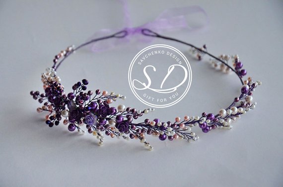 Mariage - Purple Crystal hair vine Violet Beaded headband Lilac Crown with gemstones Boho wedding wreath Attire Wired Hair Jewelry bande de mariage