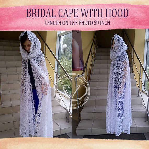 Wedding - Bridal Cape with hoodCatholic Mantilla Veil 1970s long wedding cape alternative wedding Floral Sheer hooded Cape fairytale cape with lace