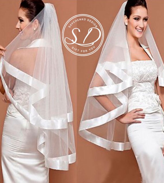 زفاف - Ribbon Veil Fingertip Veil Elegant Veil Fingertip Wedding Veil with CombRibbon Edge Rwo layers Waist Length Veil Wide Satin Ribbon