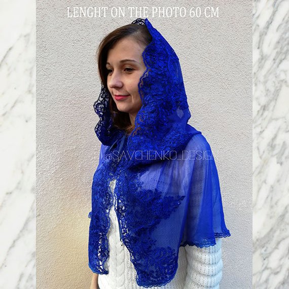 Mariage - Blue wedding lace cape with hood