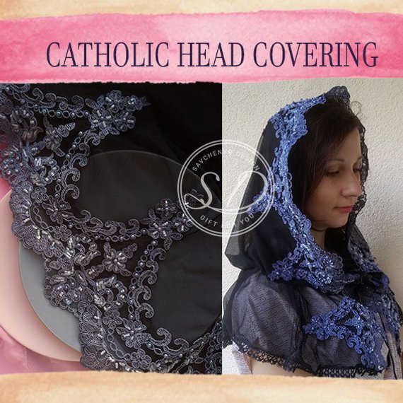 Hochzeit - Black Veil catholic lace mantilla veil Head coverings Circle Church Veil Black Spanish Lace Infinity Latin Mass Consolation Lace