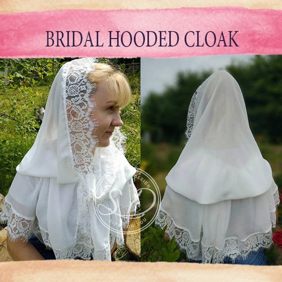 Hochzeit - Chiffon hooded cape Ivory or white Medieval hooded cape Wedding cloak shawl cover up First Communion Cape Fairy bridal head coverings mass