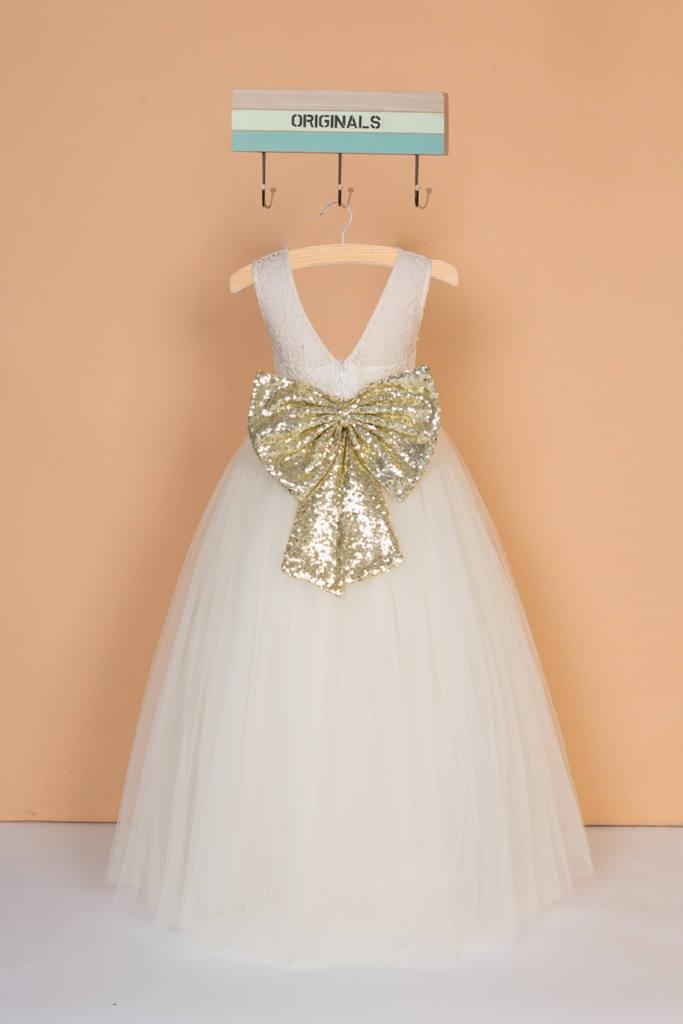 زفاف - Ivory flower girl dress/baby girl dress/lace pageant dress /ivory tulle dress /gold sequins dress/ivory dress with bow 0096