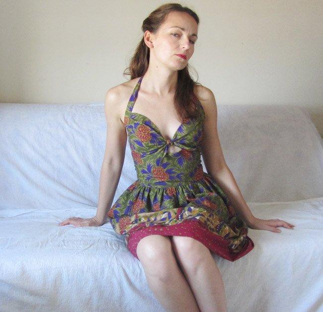 Wedding - Rockabilly style halter dress, backless, made from beautiful vintage fabric in red, green and purple. Recycled, eco friendly, handmade, OOAK