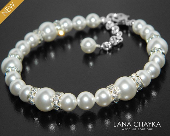 زفاف - Pearl Bridal Bracelet, Swarovski White Pearl Silver Bracelet, Wedding Pearl Bracelet, One Strand Pearl Bracelet, Bridesmaid Pearl Jewelry