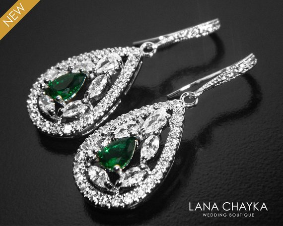 Mariage - Crystal Bridal Earrings, Cubic Zirconia Wedding Earrings, Teardrop Sparkly Earrings, Clear Emerald CZ Chandelier Earrings, Bridal Jewelry